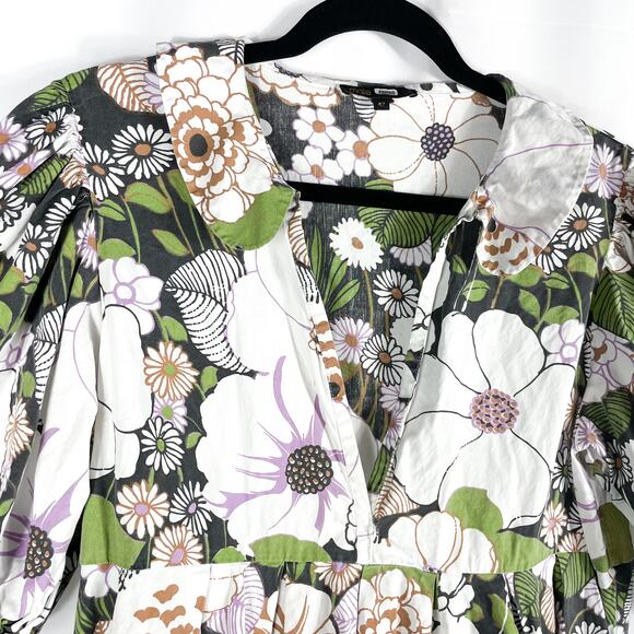 Maje Rafleur Floral Dress Ivory Green V-Neck Tiered Puff Sleeve Sz 42 EU / 10 US - Picture 7 of 16